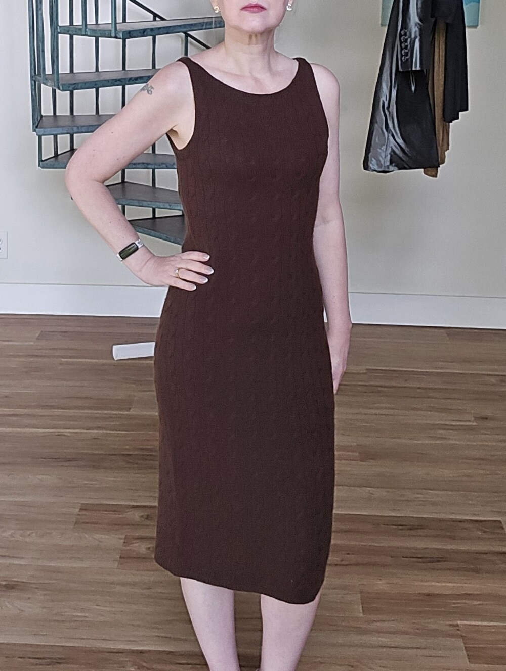 ⭐Ralph Lauren Brown Cashmere Cable-Knit Tank Midi Dress S Gorgeous